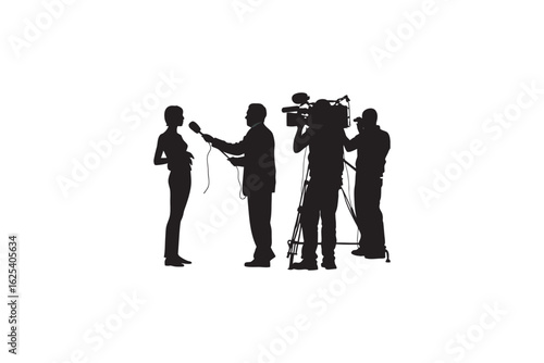 Silhouette of a journalist interviewing a person with a microphone while a camera operator films the scene representing media and news reporting