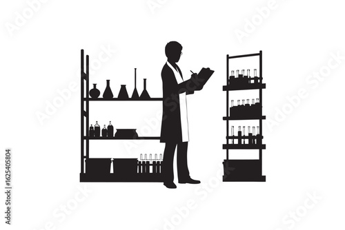 Silhouette of a scientist in a lab coat standing between shelves filled with laboratory glassware and equipment reviewing notes or a clipboard