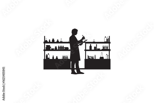 Silhouette of a scientist or chemist standing in front of shelves filled with laboratory glassware and equipment engaged in research or experimentation