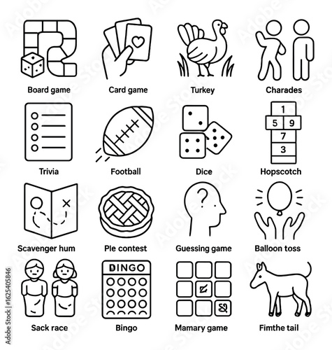 Collection of game and activity icons including card, board, trivia, and sports