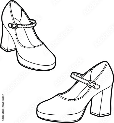 Stylish Mary Jane high heels, elegant footwear design, buckle strap shoes, women’s fashion accessory, versatile use, formal and casual wear, vector illustration