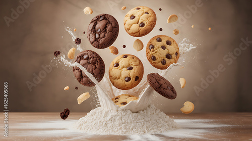 Cookies in milk splash, a floury display.
