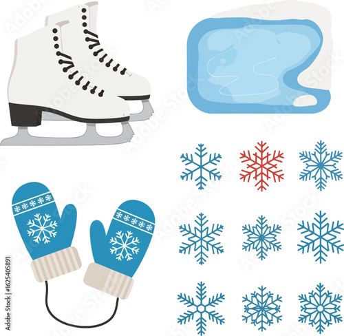 A vector illustration featuring ice skates, a block of ice, snowflakes, and mittens, representing winter activities and elements.