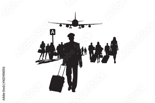 Silhouette of a pilot walking with a suitcase at an airport with a plane overhead and other travelers in the background