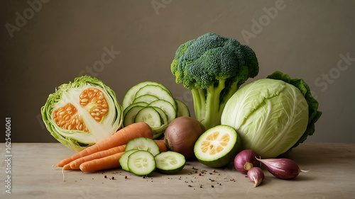 Assorted fresh vegetables arranged on a table.
