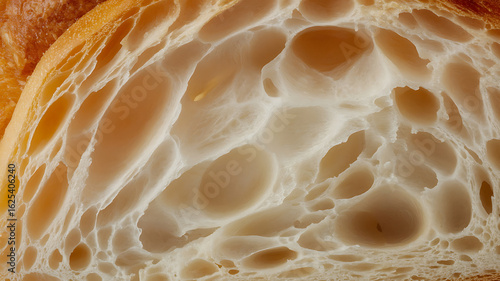 Close-up of a loaf of bread, showing its airy texture.
