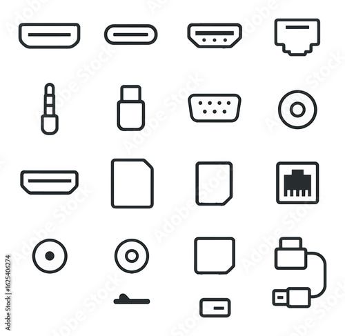 Technology silhouette icon set. containing hdmi, usb, ethernet, audio jack, sd card, and more.