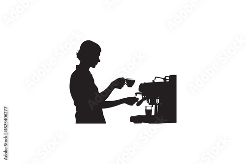 Silhouette of a barista carefully preparing a hot beverage using a professional espresso machine in a cozy cafe setting capturing the art of coffee making
