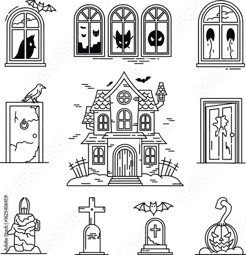 A collection of black and white Halloween icons featuring a haunted house, spooky windows, and gravestones.