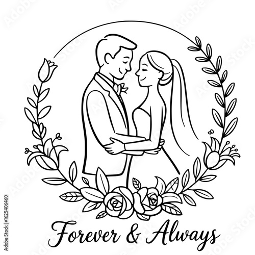 Eternal Bond: A delicate pen-and-ink illustration captures a tender moment between a loving couple, symbolizing the timeless vow of Forever & Always, framed within a romantic floral wreath.