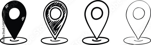 Four hand drawn location pin icons in different styles