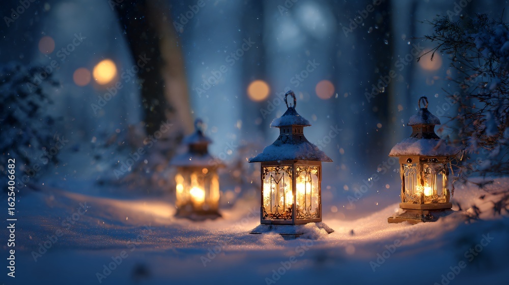 Fototapeta premium Enchanting Three Lanterns in Snowy Forest at Night Illumination
