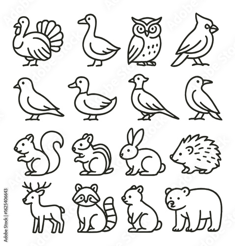 Stylized animal icons featuring birds and mammals on brown background