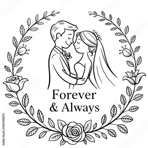 Wedding bliss illustrated: An enchanting monochrome illustration depicts a bride and groom embracing each other in a moment of love. A floral wreath elegantly frames the couple.