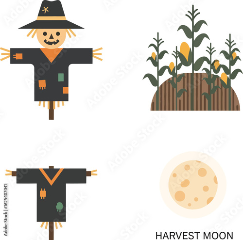 A collection of autumn harvest icons featuring a scarecrow, a cornfield, and a full harvest moon.