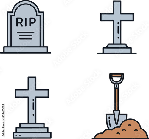 A set of four funeral icons showing a tombstone with RIP, two crosses, and a shovel in a pile of dirt.