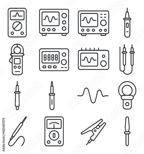 Electronic measurement linear icon set. containing multimeter, oscilloscope, probe, waveform, clamps, and more.