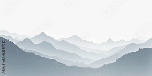 Snowy mountains in foggy landscape with clouds at sunrise