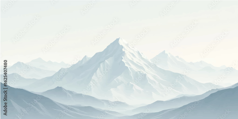 Fototapeta premium An ethereal winter landscape unfolds with snow-covered mountain peaks and glaciers under a cold, panoramic sky