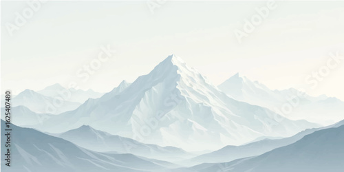 An ethereal winter landscape unfolds with snow-covered mountain peaks and glaciers under a cold, panoramic sky