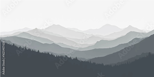 Sunrise over misty mountain peaks and a serene valley