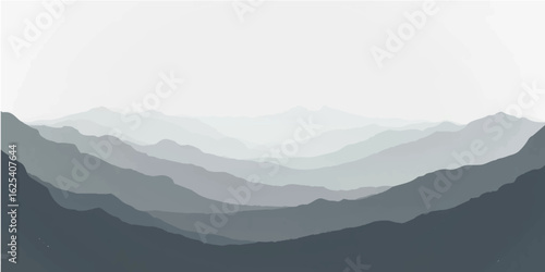 Mountain landscape with layered hills, clouds, and misty mountains in the distance