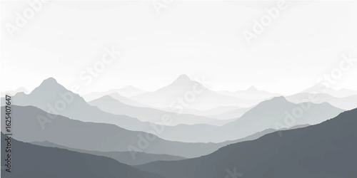 Morning mountain landscape with clouds, misty hills, and scenic valley view