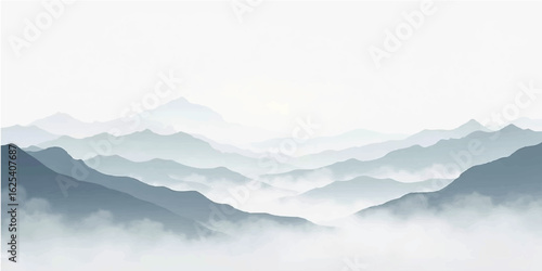 Cloudy mountain landscape at sunrise, a beautiful view of a misty valley and distant snow-capped peaks