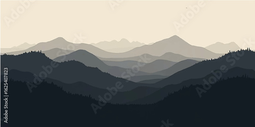 Misty mountain peaks and a serene valley landscape shrouded in the morning fog