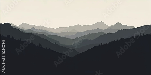 Morning fog shrouds the mountain peaks, creating a serene and misty landscape