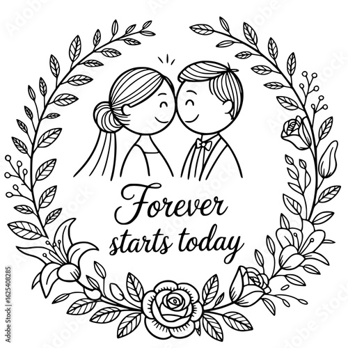 Everlasting Love: Depicting a bride and groom within a floral wreath, their bond beautifully illustrated in a celebration of Forever Starts Today.