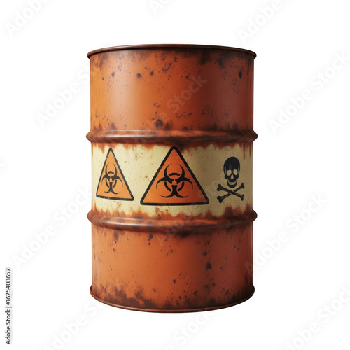 Rusty biohazard barrel with warning symbols