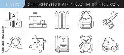 Children’s Education and Activity Icons Collection - Line art icon set featuring children’s educational tools and playful activities, perfect for school, learning apps, and kid-focused designs.
