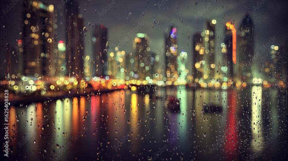 Naklejka premium Rainy Night Cityscape Through Window