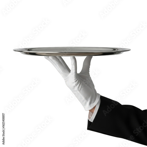 Elegant service hand in glove presents a silver tray