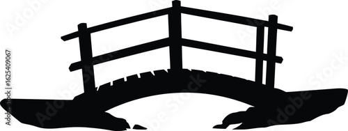 Simple black silhouette of a rustic wooden arched footbridge with railings against a white background