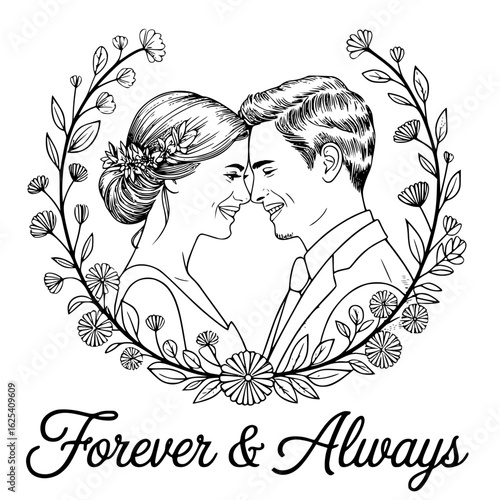 Forever & Always: A delicate illustration of a loving couple, framed by a floral heart, beautifully embodies the enduring vow of Forever & Always ,ideal for romantic themes.