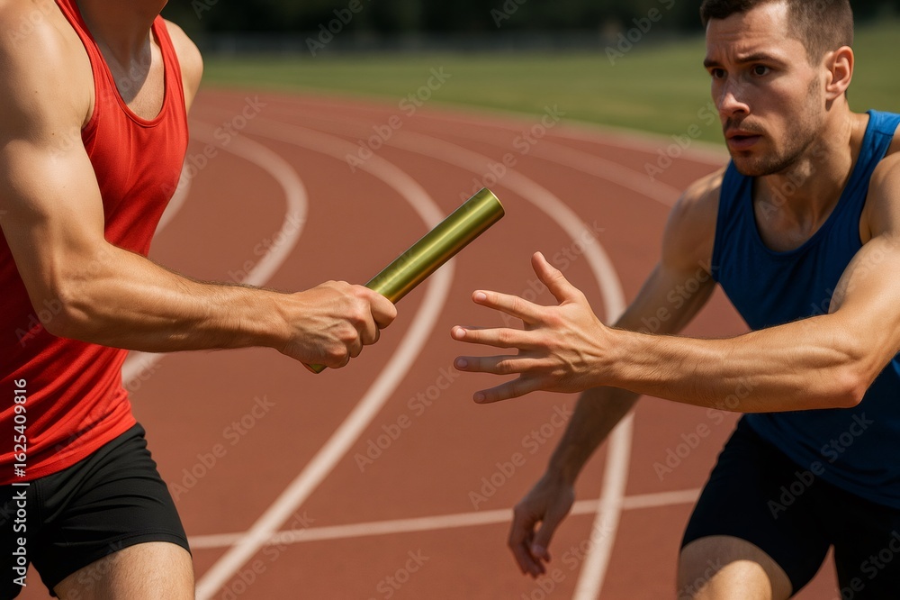 Obraz premium Two athletes executing a precise baton handoff during an intense relay race on a vibrant athletics track, showcasing teamwork and speed