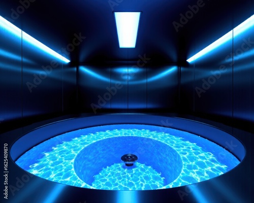 Sleek and futuristic interior with a modern UV disinfection basin. Crystal-clear water flows through, illuminated by the deep blue glow of submerged UV lamps.