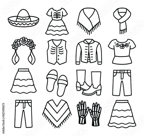 Traditional mexican clothing icons set featuring sombrero, poncho, and floral accessories