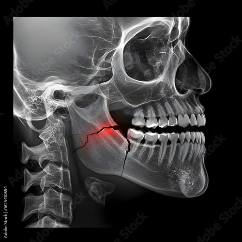 X-ray of a Human Jaw Fracture with Red Highlight