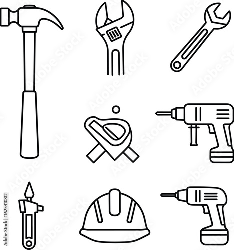 A collection of black and white line art icons depicting various construction and repair tools.