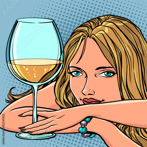 Woman next to a glass of champagne. Alcoholic drink in the evening at a bar or restaurant. Buying champagne for your loved one.