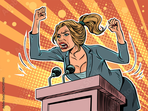 A woman is very furiously communicating from the podium. Funny politics and communication with citizens. Emotional people are screaming and waving their hands.