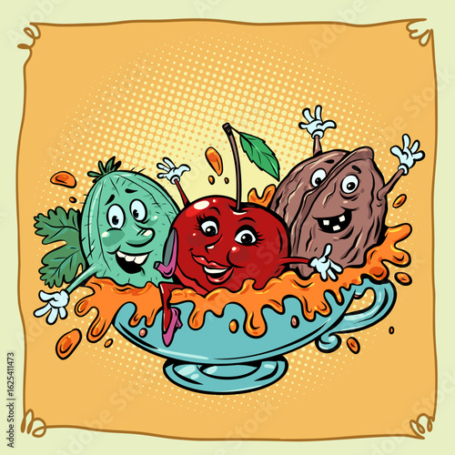 Vitamins and healthy berries, nuts in one cup together. Smiling joyful cherries, walnuts, gooseberries. Proper nutrition and tasty snacks.