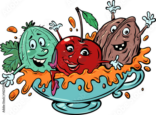 Vitamins and healthy berries, nuts in one cup together. Smiling joyful cherries, walnuts, gooseberries. Proper nutrition and tasty snacks.