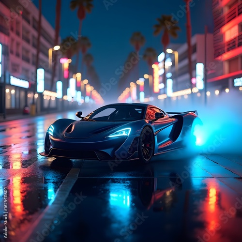 Sleek Sports Car  Neon-Lit City Night
