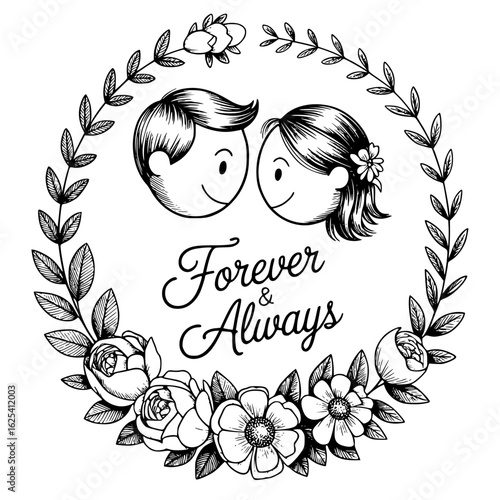 Forever & Always: A tender hand-drawn illustration depicts an eternal bond between a couple within a wreath of flowers, symbolizing everlasting love.