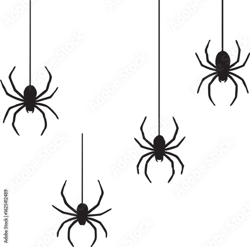 Eerie spider silhouettes hanging down for Halloween decorations, spooky season backgrounds, and festive designs