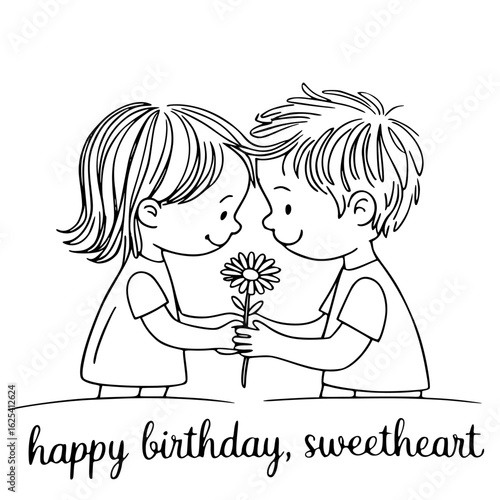 A Sweet Gesture of Friendship: A tender drawing portrays a moment of connection between two children as a birthday gift exchange, perfect for conveying warmth and companionship.